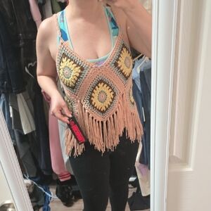 Peach Crochet Fringe Tank Top with Sunburst Motifs